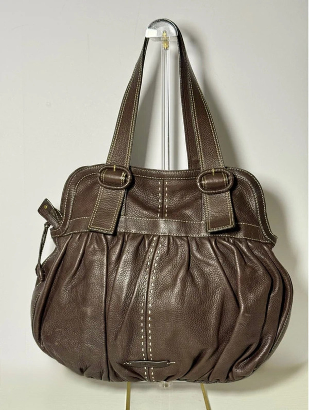 Cole Haan Brown Leather Ruched Satchel Shoulder Bag Contrast Stitching